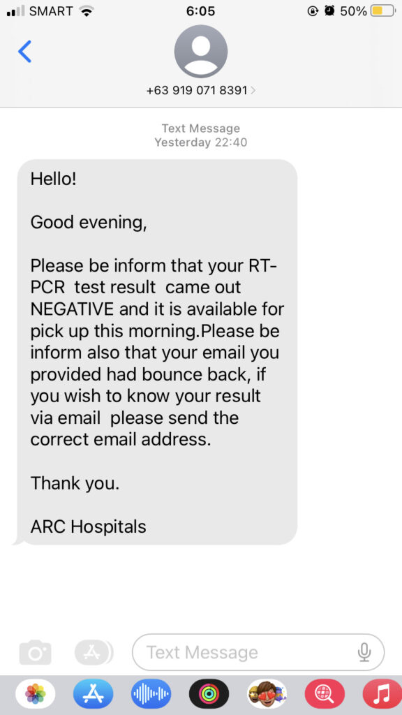 ARC病院から届いたSMS